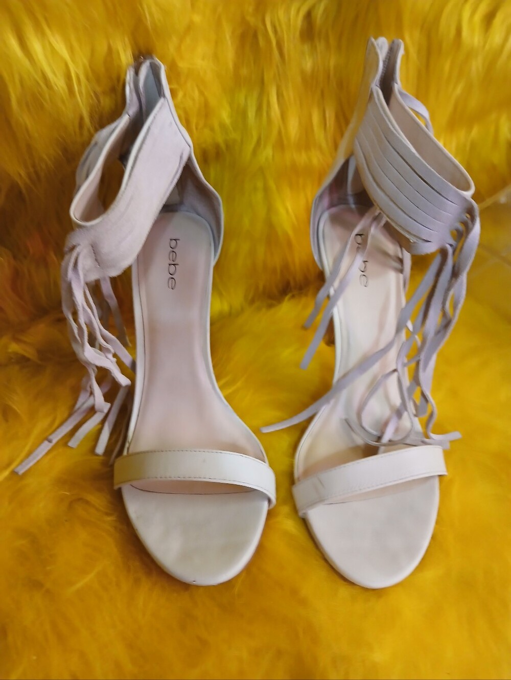 Bebe Ankle Strap Fringe Heels size 10